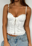 Women Summer Elegant White Embroidery Floral Waist Cami Top