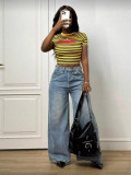 Women Summer American Stripe Letter Print Short Sleeve T-Shirt