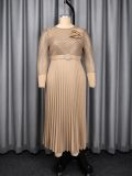Women Autumn Floral Mesh Long Sleeve Pleated Dress with Beaded Waist Belt
