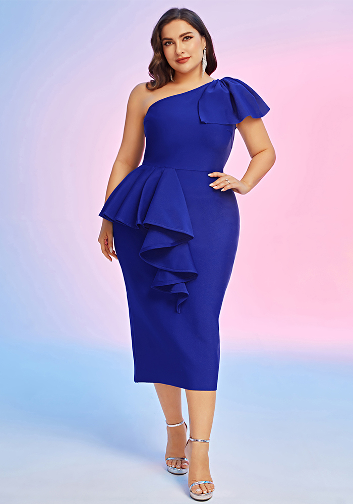 Plus Size One-Shoulder Ruffle Bandage Evening Dress