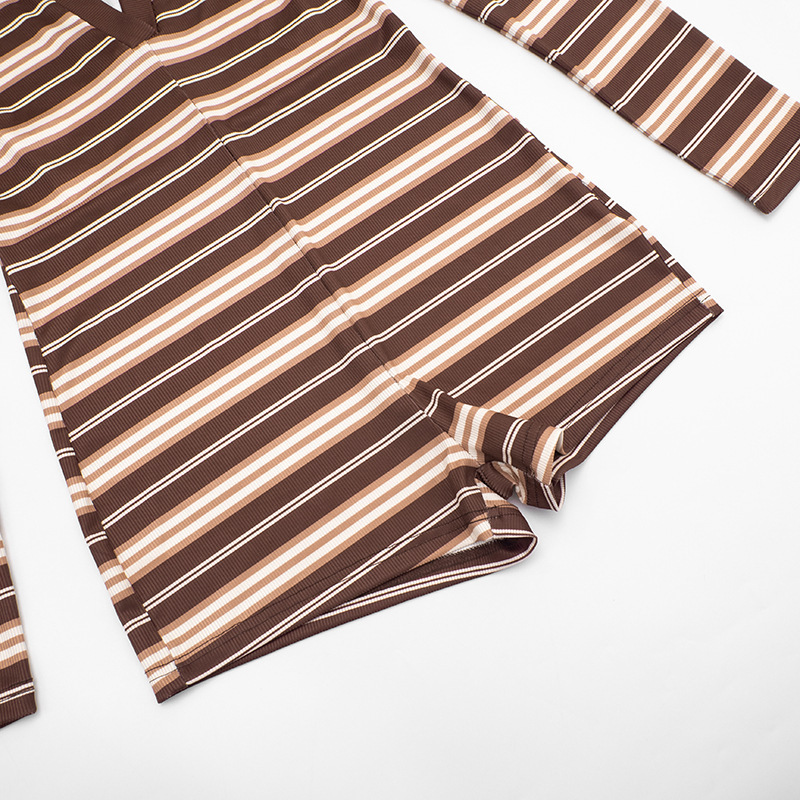 Striped V-Neck Long Sleeve Jumpsuit for Clubwear