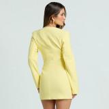 Women Autumn Solid Patchwork U Neck Long Sleeve Blazer Dress