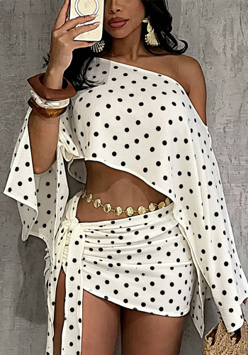 Women Summer Polka Dot Slash Shoulder Irregular Top Lace-Up Ruched Bodycon Dress