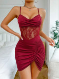Women Burgundy See Through Lace Ruched Split Sexy Slip Nightgown