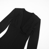 Women Autumn Solid Patchwork U Neck Long Sleeve Blazer Dress