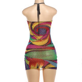Women Summer Color Block Halter Neck Sexy Bodycon Dress