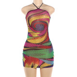 Women Summer Color Block Halter Neck Sexy Bodycon Dress