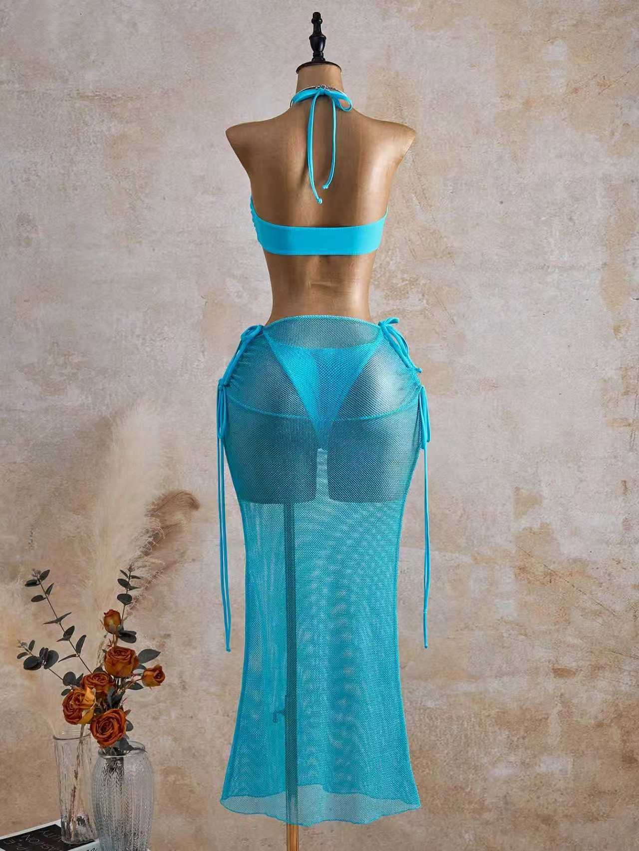 Mesh See-Through Pleated Strapless Three-Piece Bikini Set