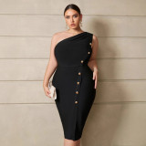 Plus Size Women French Elegant Slash Shoulder Metal Button Split Bandage Dress