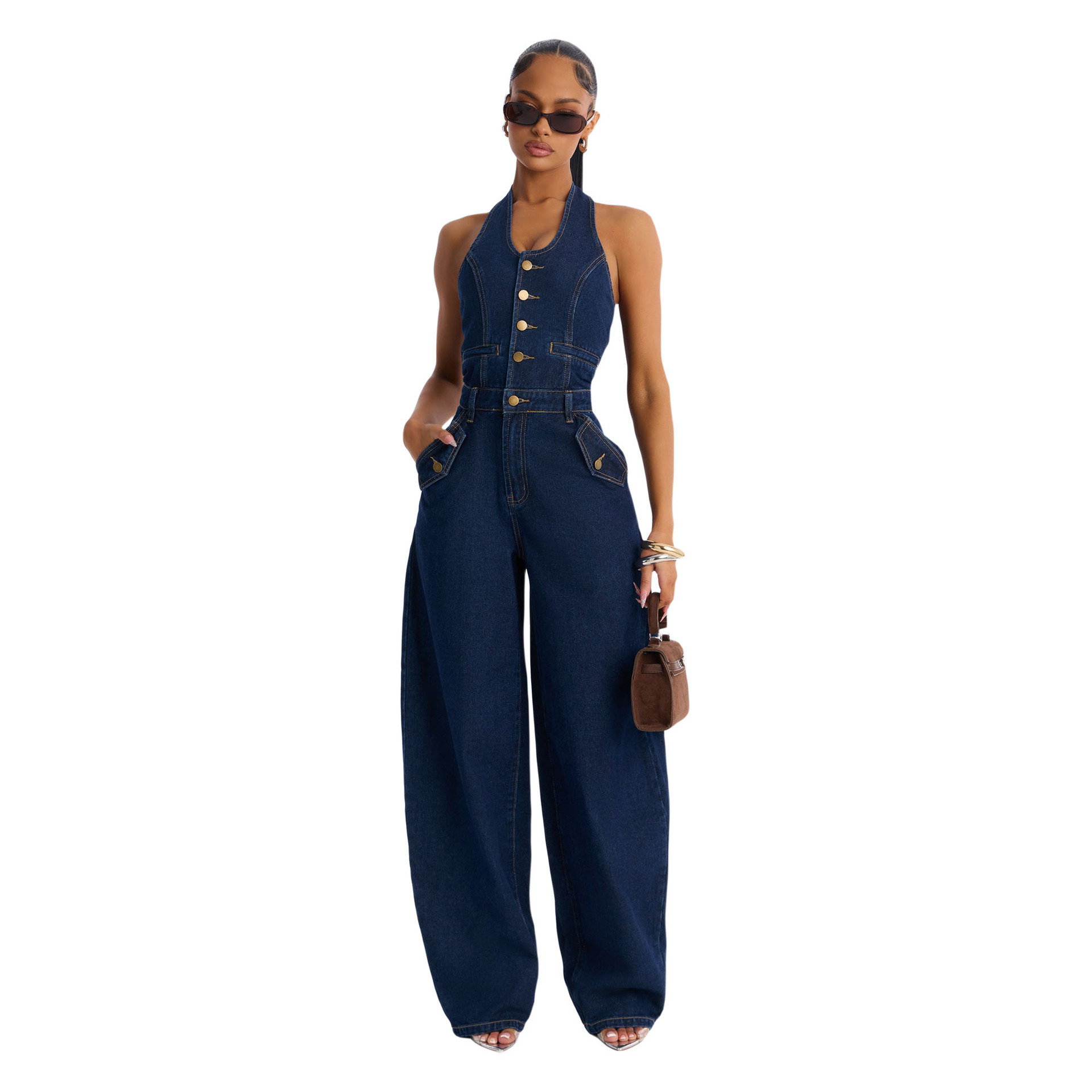 Washed Denim Pocket Halter Neck Jumpsuit for Summer