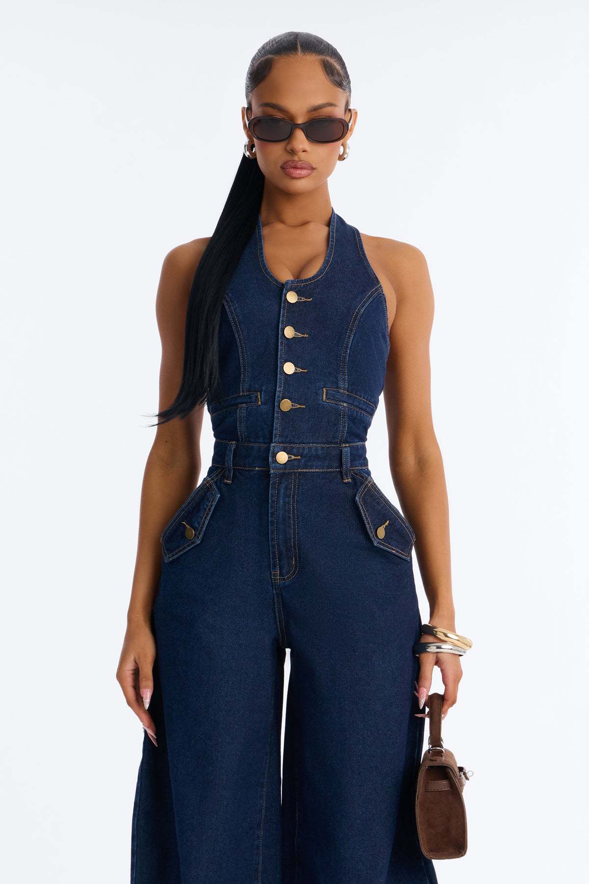 Washed Denim Pocket Halter Neck Jumpsuit for Summer