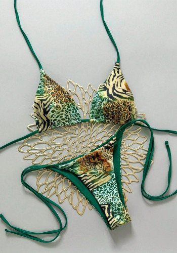 Women's Leopard Print Tight Fitting Halter Neck Lace-Up Two Piece Bikini Swimsuit