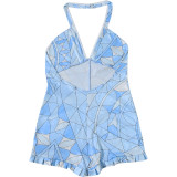 Women's Summer Fashion Print Halter Neck Low Back Slim Fit Jumpsuit