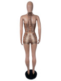 Women's Sexy Snake Print Sleeveless Halter Neck Slim Fit Shorts Two Piece Set