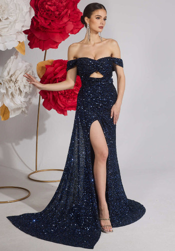 Women's Navy Sequin Off Shoulder Low Back High Slit Mermaid Evening Dress