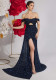 Women's Navy Sequin Off Shoulder Low Back High Slit Mermaid Evening Dress