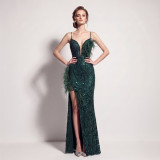 Women's Formal Party Chic Feather Sequin Strap High Slit Evening Dress