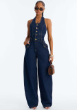 Women's Summer Denim Washed Pocket Halter Neck Jumpsuit