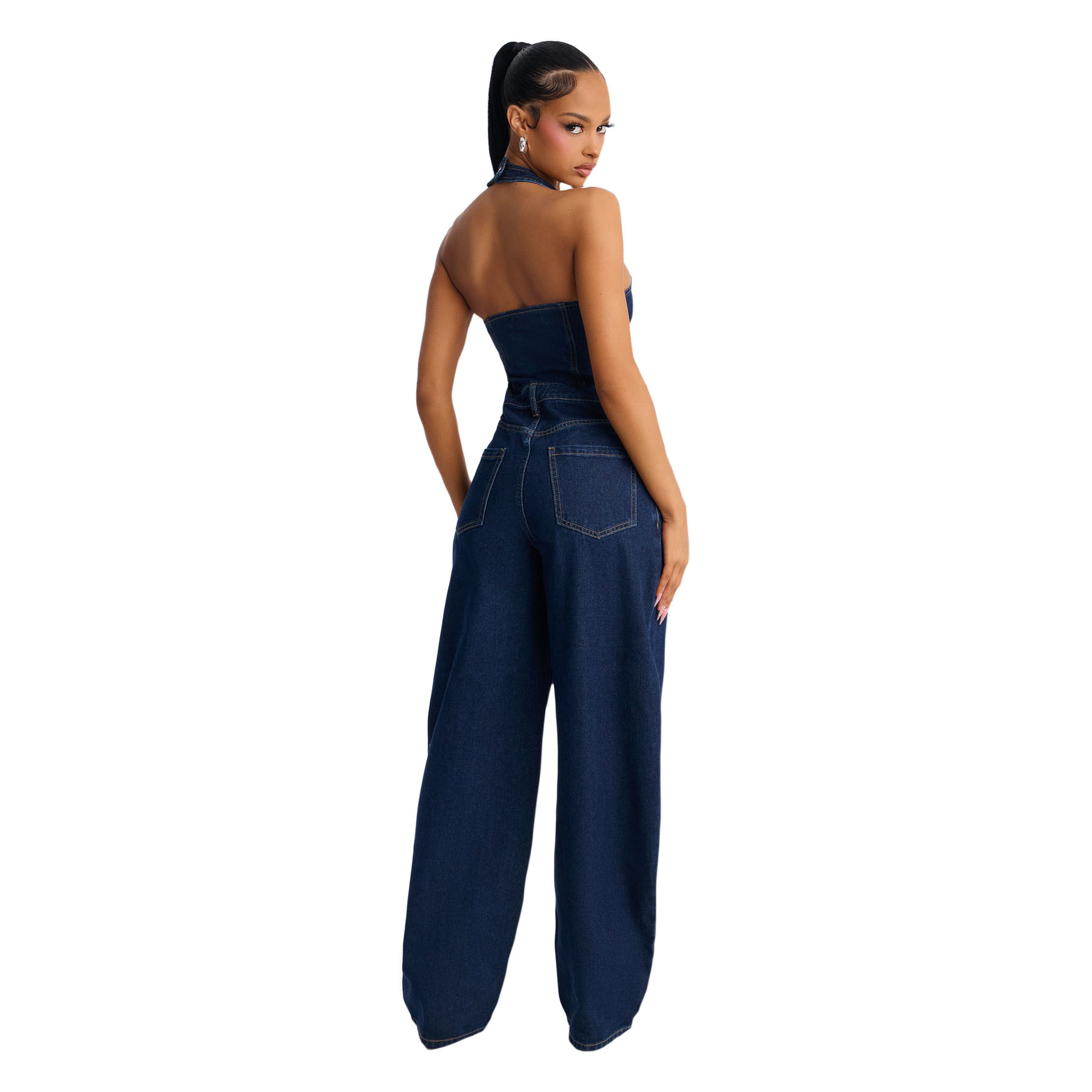 Washed Denim Pocket Halter Neck Jumpsuit for Summer