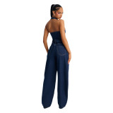 Women's Summer Denim Washed Pocket Halter Neck Jumpsuit