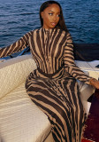 Women's Printed Round Neck Long Sleeve Slim Fit Black Pattern Casual Beach Holiday Maxi Dress