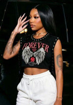 Women's Printed Rivet Sleeveless Crop T-Shirt