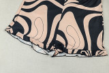 Women's Round Neck Slim Fit Printed Color Block Slim Waist Stretch Long Sleeve Two Piece Shorts Set