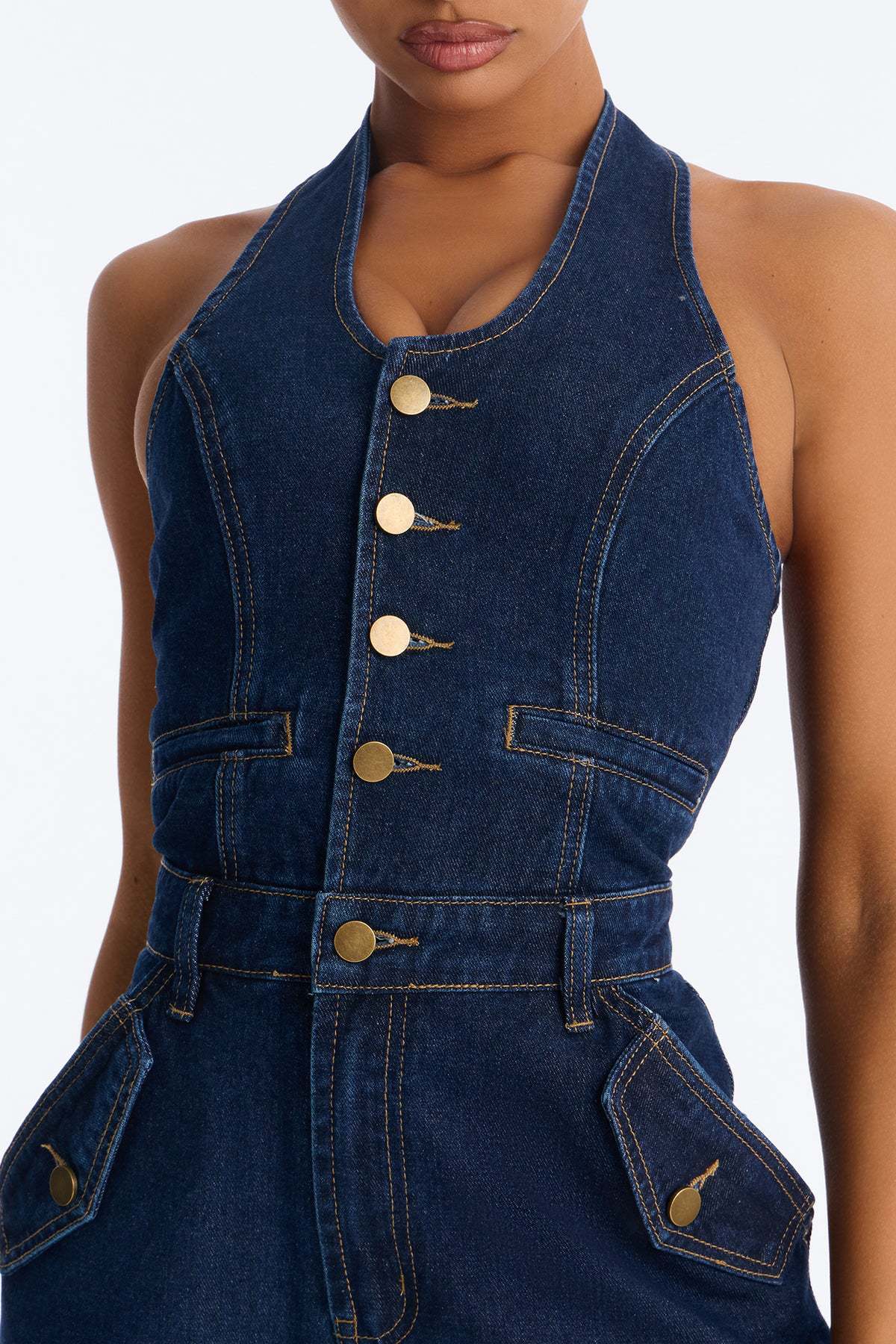 Washed Denim Pocket Halter Neck Jumpsuit for Summer
