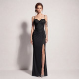 Women's Formal Party Chic Beaded Strap Boned High Slit Evening Dress