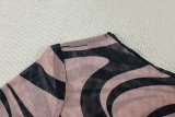 Women's Round Neck Slim Fit Printed Color Block Slim Waist Stretch Long Sleeve Two Piece Shorts Set