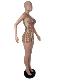 Women's Sexy Snake Print Sleeveless Halter Neck Slim Fit Shorts Two Piece Set