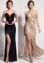 Women's Formal Party Chic Sequin Beaded Strap High Slit Evening Dress Women's Formal Party Chic Sequin Beaded Strap High Slit Evening Dress