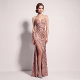 Women's Formal Party Chic Feather Sequin Strap High Slit Evening Dress