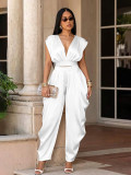Women's Summer Elegant Career Deep V Neck Lace-Up Slim Waist Solid Color Two Piece Pants Set