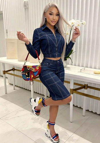 Women's Fall Winter Denim Long Sleeve Knee-Length Shorts Stretch Casual Two Piece Set