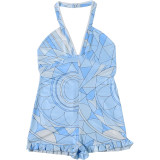 Women's Summer Fashion Print Halter Neck Low Back Slim Fit Jumpsuit