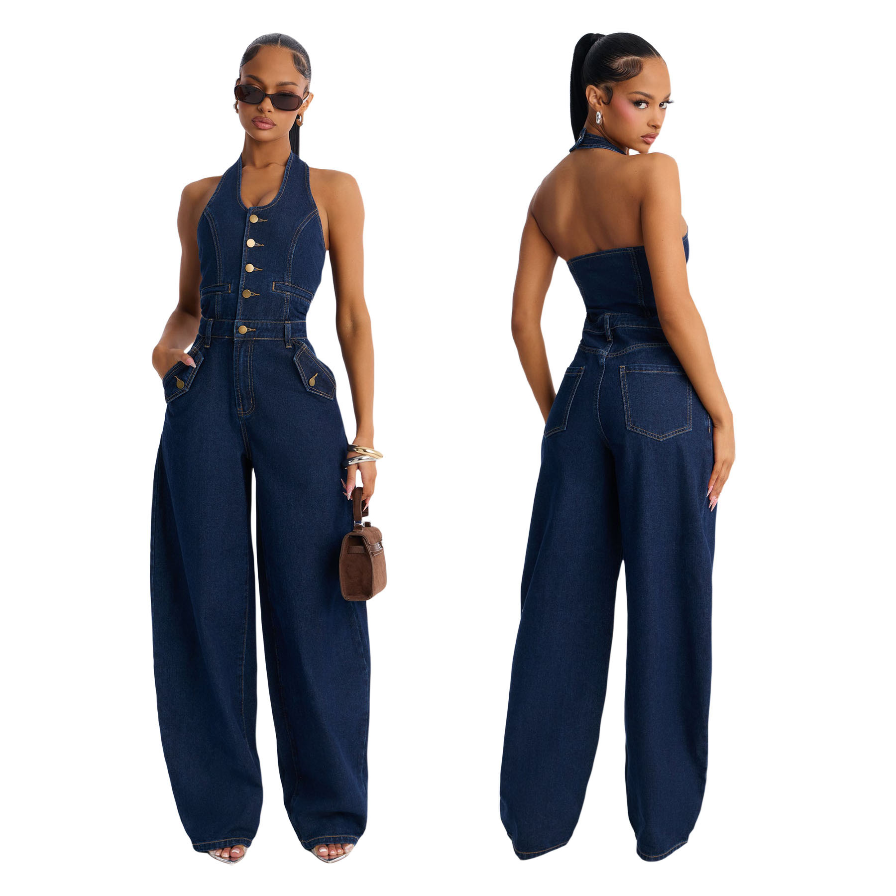 Washed Denim Pocket Halter Neck Jumpsuit for Summer