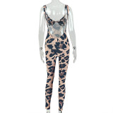 Women's Leopard Print Slim Fit Strap Low Back Summer Jumpsuit