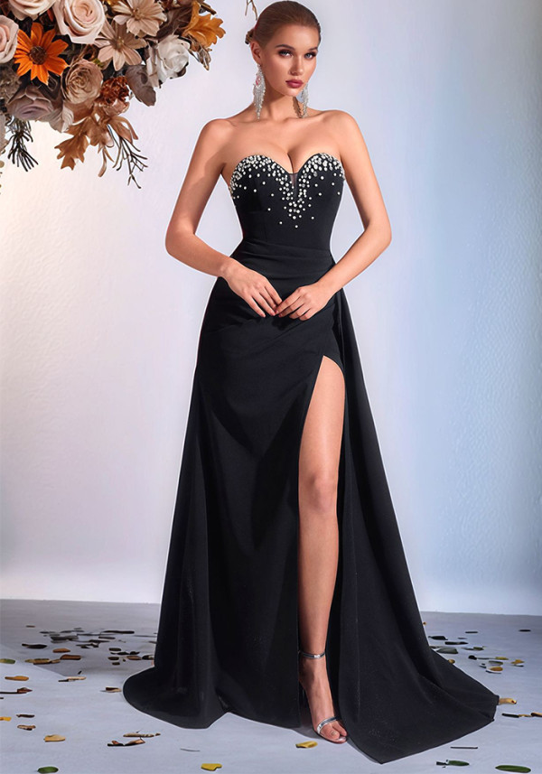 Women's Black Heart Strapless Rhinestone Slim Fit High Slit Party Dress