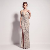 Women's Formal Party Chic Feather Sequin Strap High Slit Evening Dress