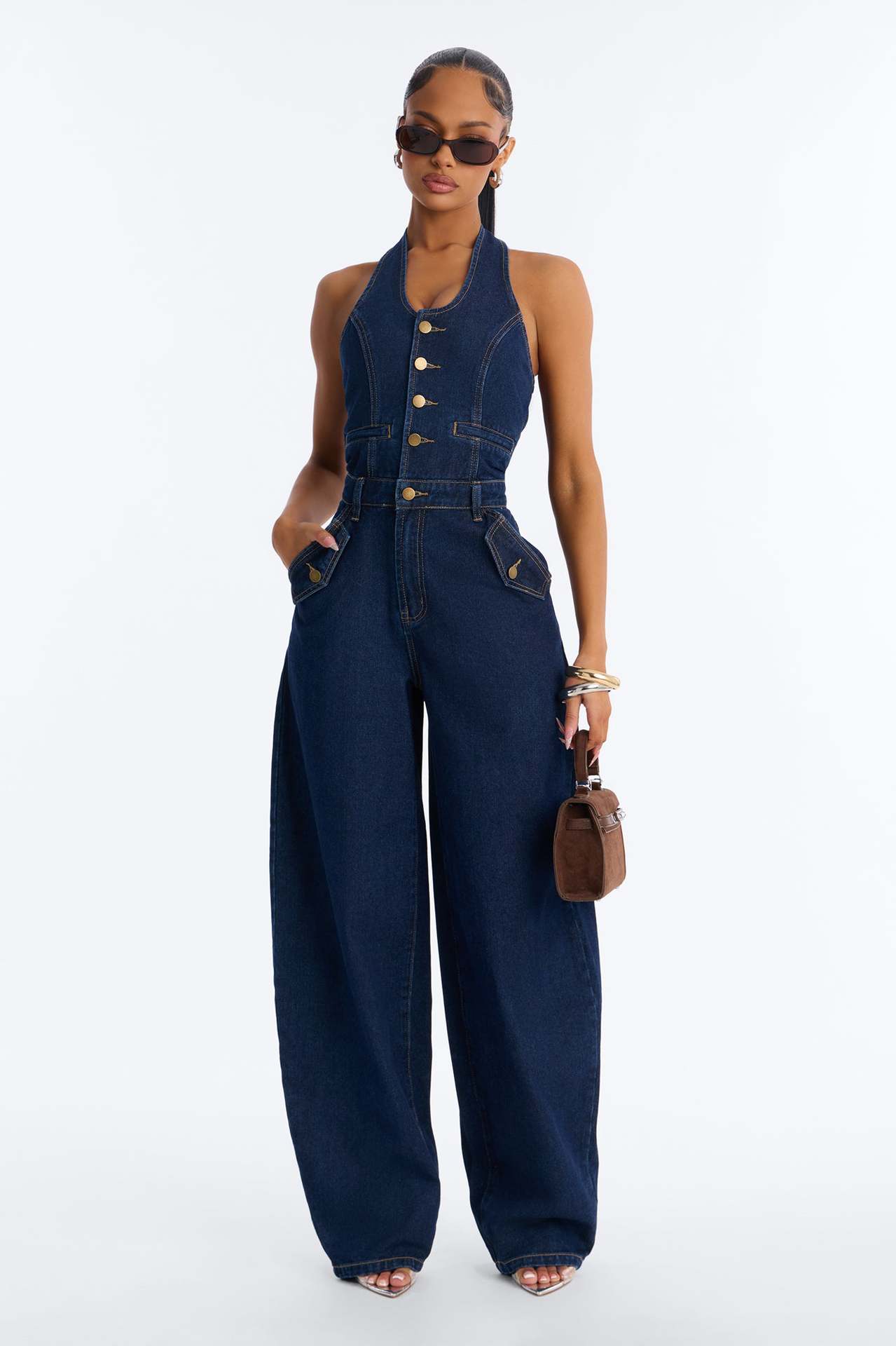 Washed Denim Pocket Halter Neck Jumpsuit for Summer