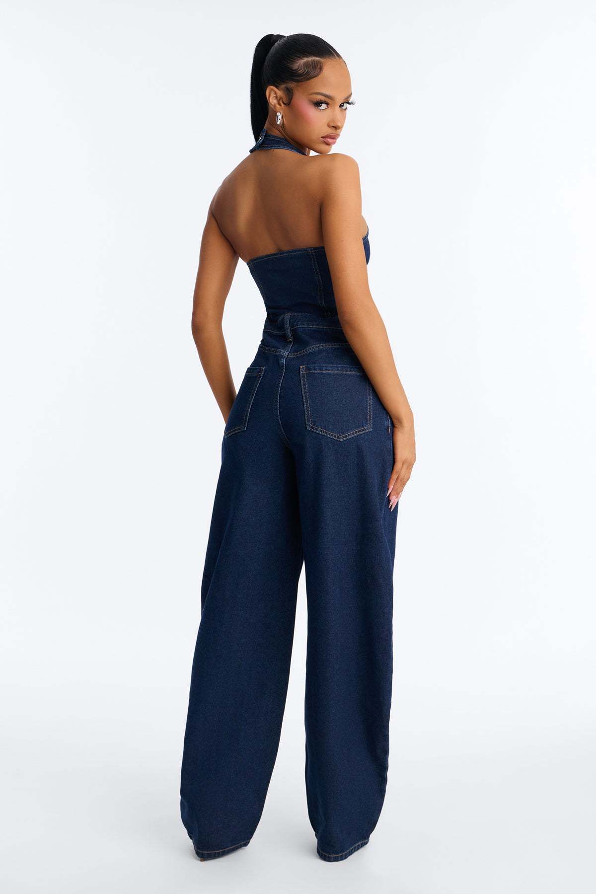 Washed Denim Pocket Halter Neck Jumpsuit for Summer