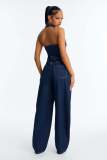Women's Summer Denim Washed Pocket Halter Neck Jumpsuit