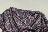 Women's Casual Off Shoulder Leopard Print Low Back Long Sleeve Slit Maix Dress