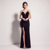 Women's Formal Party Chic Feather Sequin Strap High Slit Evening Dress