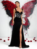 Women's Black Velvet Colorful Rhinestone Chic Strap Dress
