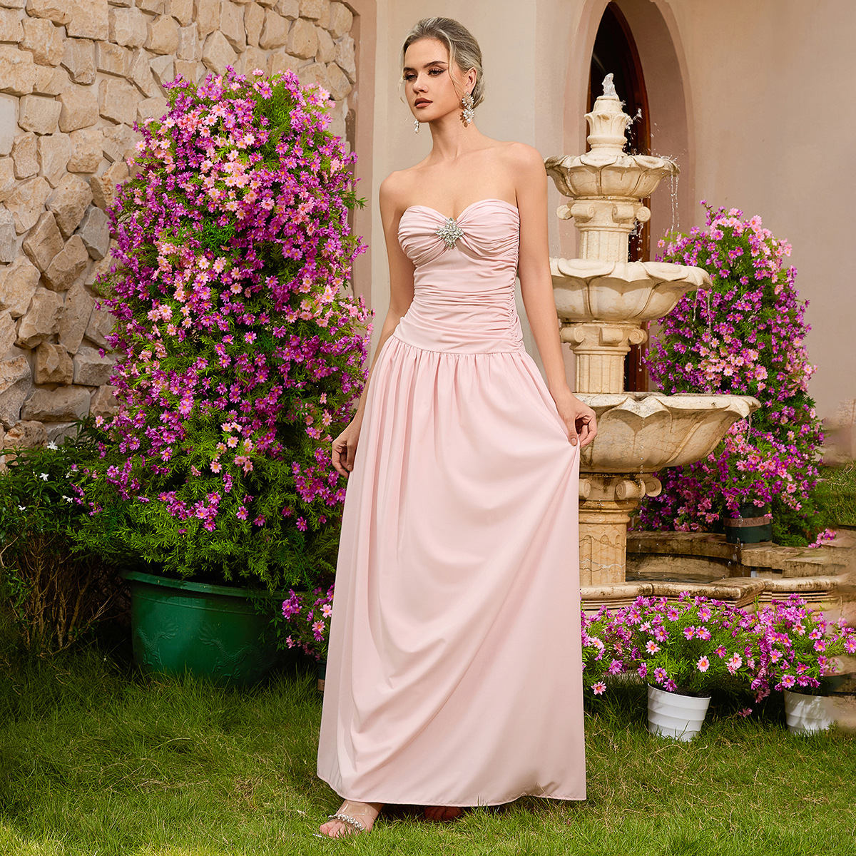 Pink Strapless Maxi Dress for Casual Party Wear