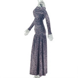 Women's Casual Off Shoulder Leopard Print Low Back Long Sleeve Slit Maix Dress