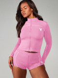 Women's Fashion Casual Stand Collar Zip Slim Fit Long Sleeve Top Tight Fitting Shorts Sports Set