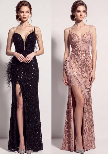 Women's Formal Party Chic Feather Sequin Strap High Slit Evening Dress